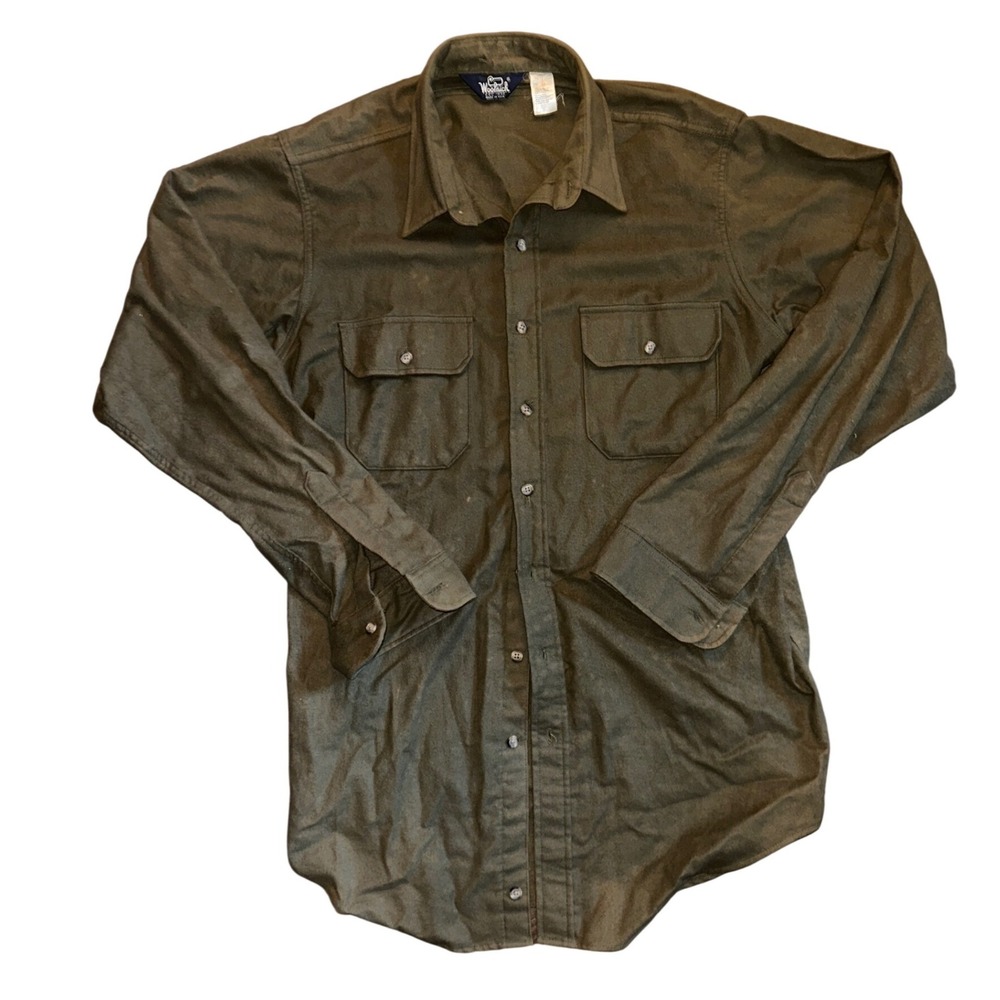 Vintage Woolrich Mens XL Long Olive Green Chamois‎ Cloth Shirt Made in USA 6473